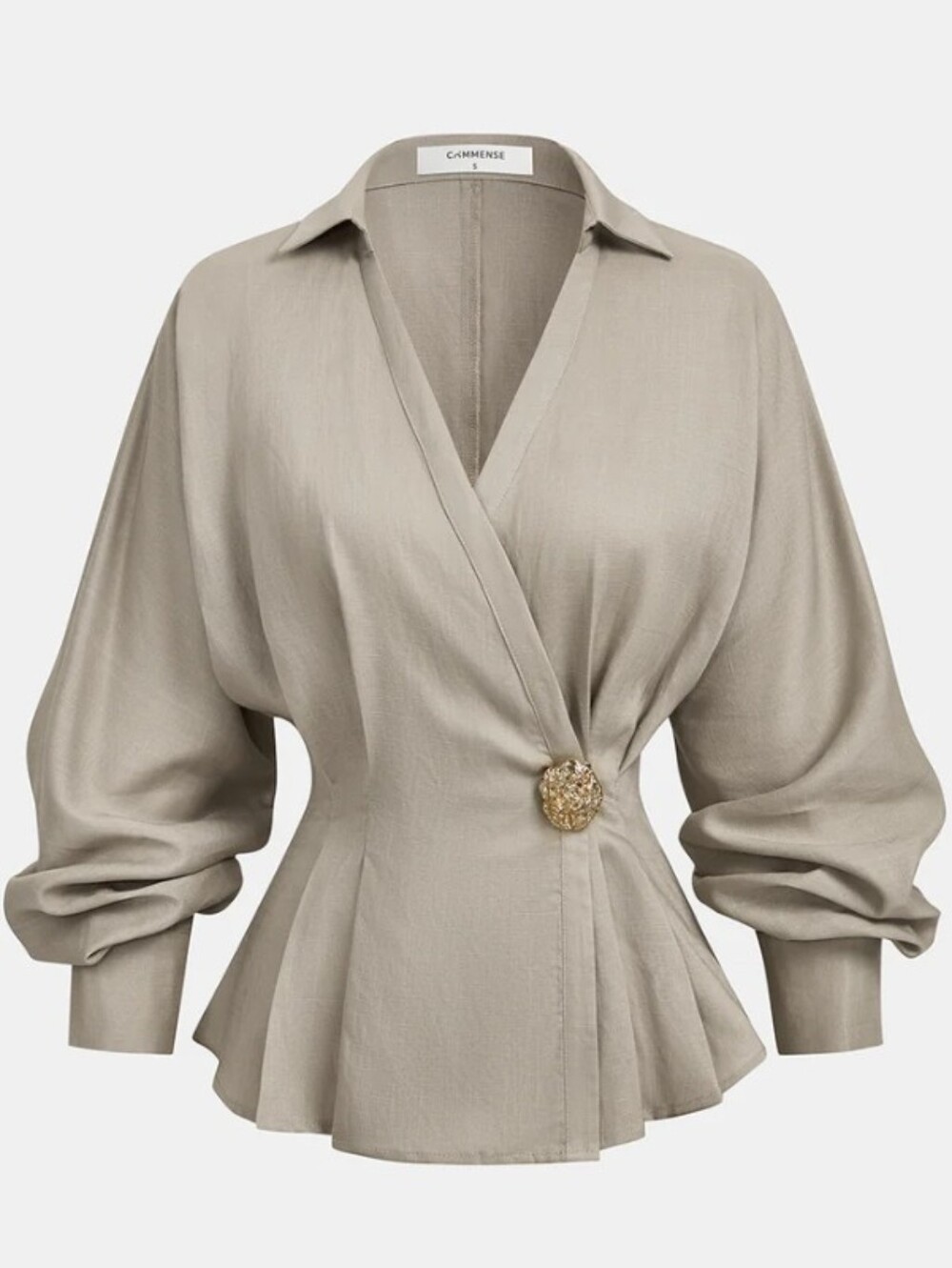 Commense Blouse Top Balloon Sleeve Peplum Linen Gold Statement Button Tan XL NWT - Picture 4 of 7